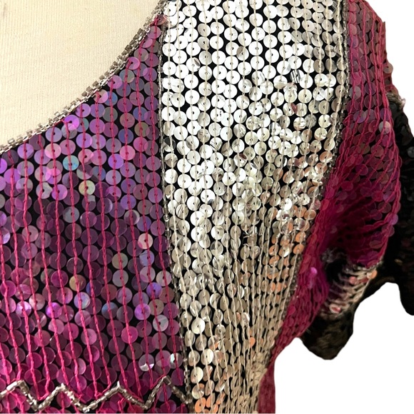 JLB Paris Hong Kong 100% Silk Fully Sequined Top 1980s Abstract Colorblo… - Picture 6 of 12